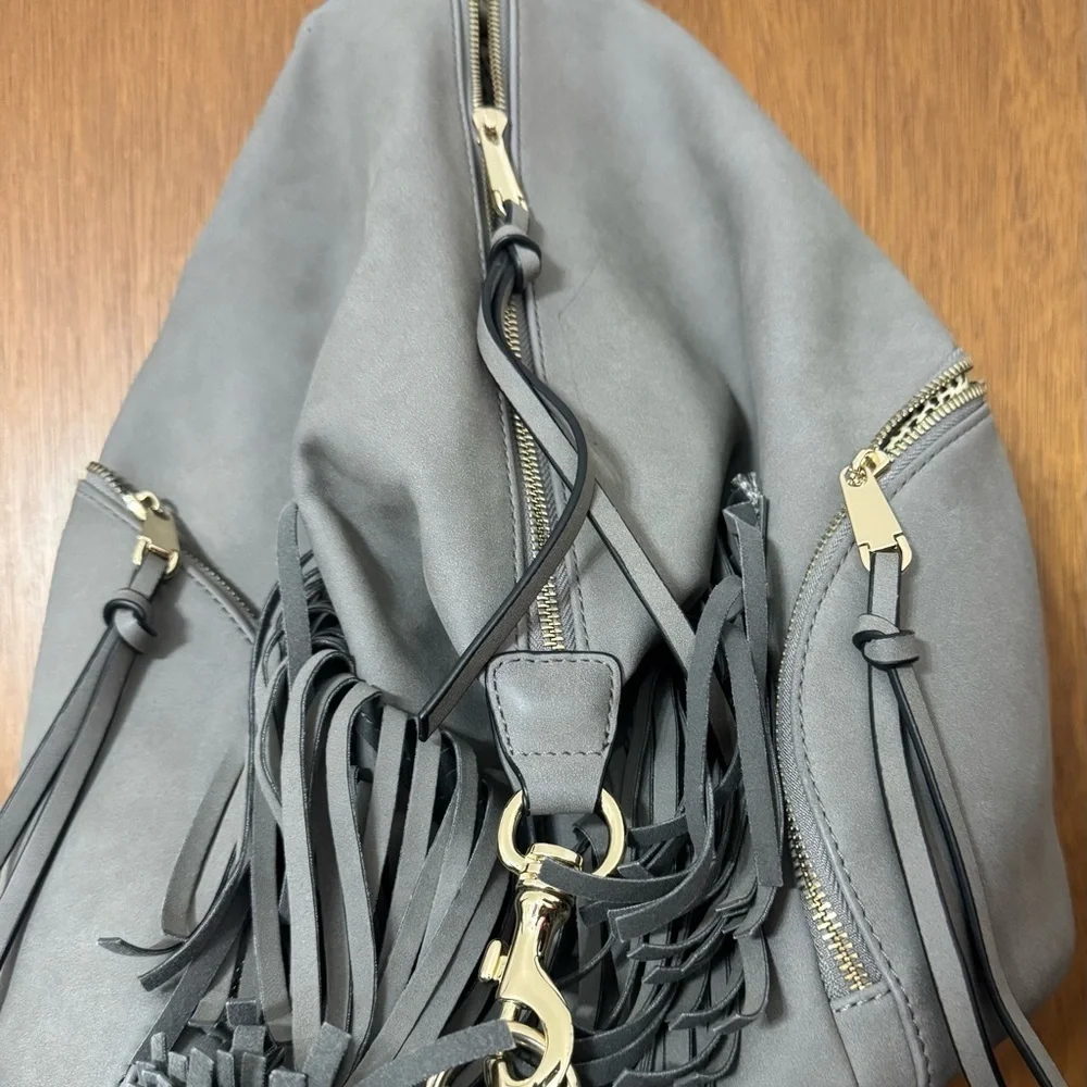 Gray Leather like  Backpack with Fringe